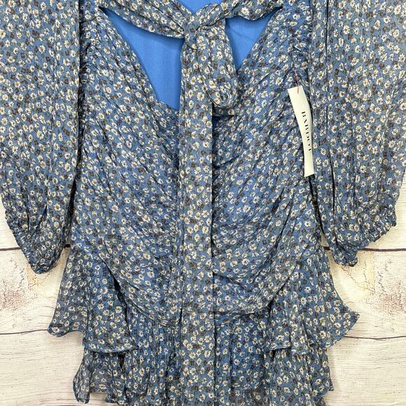 Bardot Blue Girly Ditsy Floral Ruched Open Back Mini Dress Size Large New - Picture 4 of 11